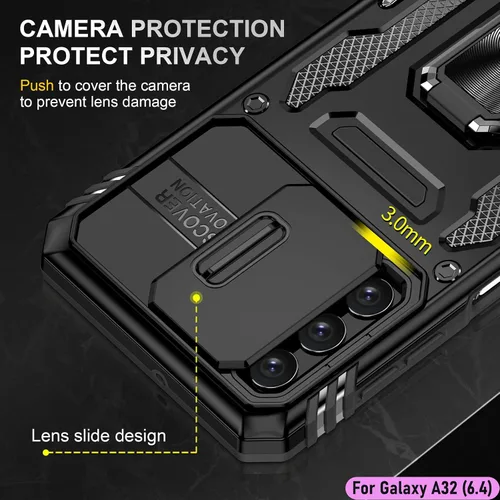 Vista 4 de Funda resistente para Samsung Galaxy A32 (4G), protector híbrido de goma de doble capa de grado militar con protector de cámara deslizante, soporte