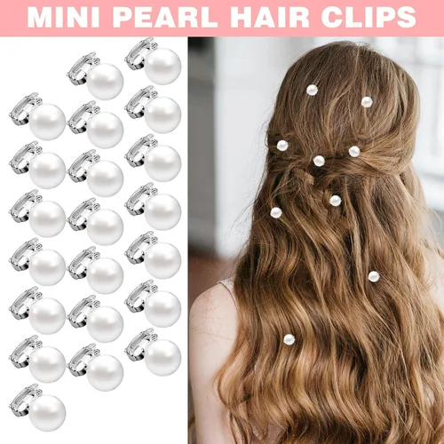 Vista 2 de Juego de pinzas y pasadores para el cabello de perlas blancas, 30 mini alfileres, lindos accesorios para el cabello de perlas para mujeres, niñas
