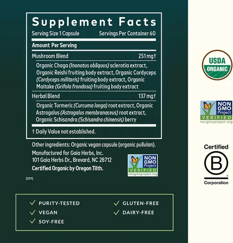 Vista 3 de Gaia Herbs Suplemento de apoyo inmunológico diario de hongos y hierbas para ayudar al bienestar general* - con curcumina de cúrcuma, astrágalo