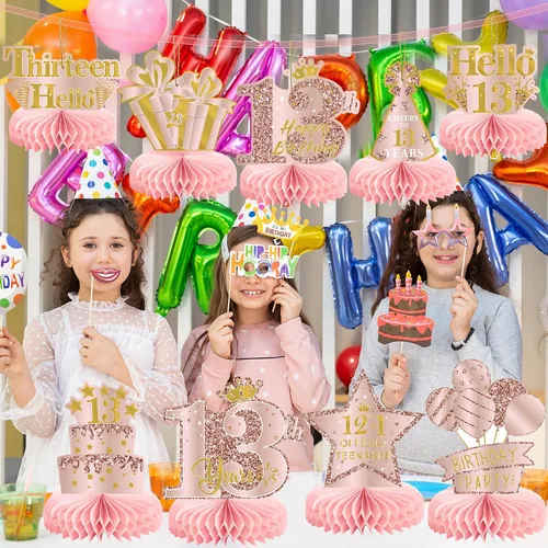 Vista 3 de 9 piezas de decoración de cumpleaños número 13, centros de mesa de cumpleaños rosa rosa dorado para niñas, centros de mesa de feliz cumpleaños 13
