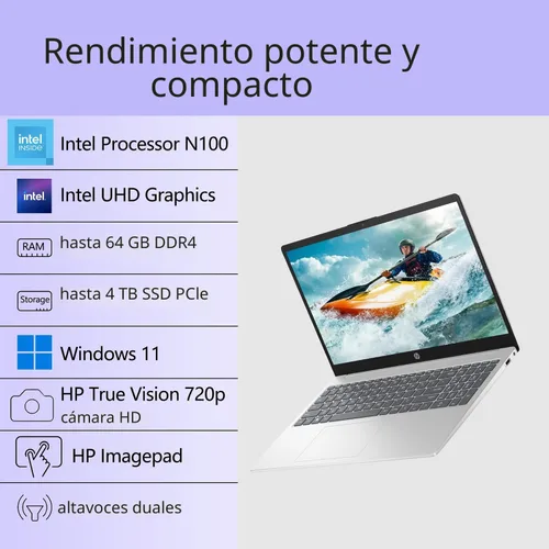 Vista 2 de Laptop HP FHD de 15.6", procesador Intel N100, RAM de 16 GB, SSD NVMe de 256 GB, WiFi 6, Bluetooth 5.3, Windows 11 Home, plata natural