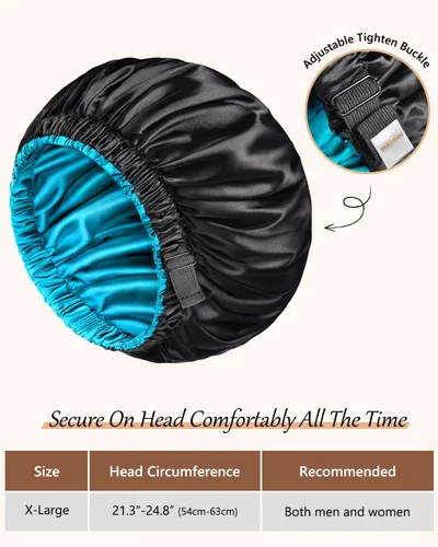 Vista 2 de mikimini Gorro de satén para hombres y mujeres, gorro de dormir reversible de doble capa para trenzas de cabello con banda elástica ajustable