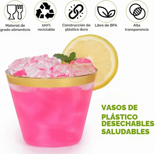 Vista 3 de Tobvory Paquete de 100 vasos de plástico con borde dorado, vasos de plástico duro transparente de 9 onzas, vasos desechables de alta calidad