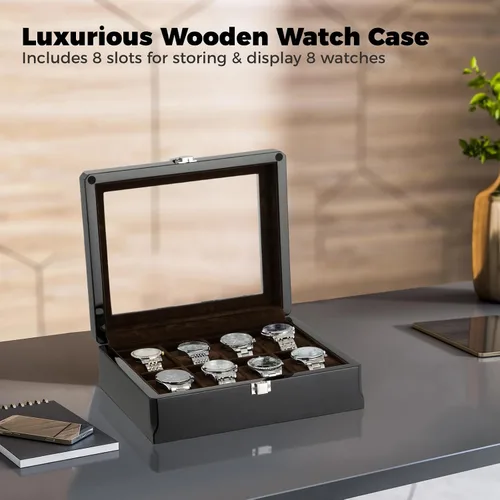 Vista 2 de Caja de reloj de madera con acabado lacado, organizador de relojes para hombre de 8 ranuras con parte superior de cristal, lujosa caja de exhibición
