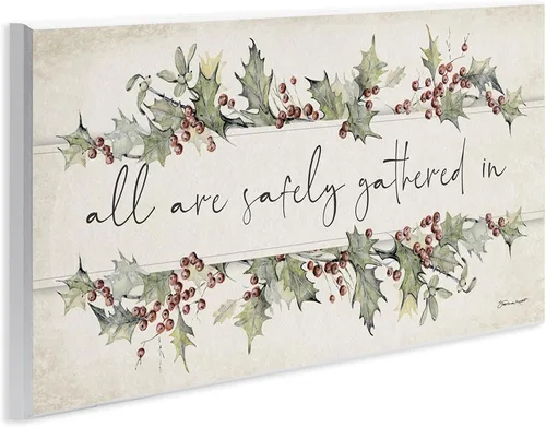 Vista 2 de Stupell Industries All Safely Gathered Frase Winter Holly Florals, placa de pared diseñada por Stephanie Workman Marrott, 7 x 17 pulgadas