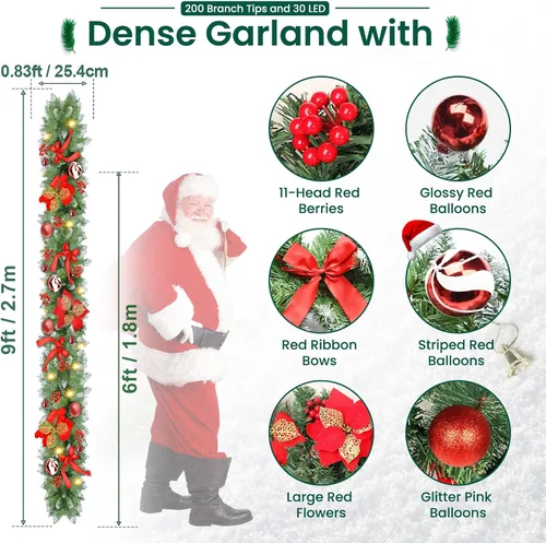 Vista 2 de Guirnalda de Navidad con luces, guirnalda de Navidad preiluminada de 9 pies con 30 luces LED para repisa, decoración de Navidad para interiores