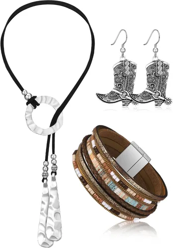Vista 7 de 3 piezas de joyería boho occidental para mujer, conjunto de joyas de turquesa, aretes vintage, pulsera, collar bohemio occidental para mujer Negro