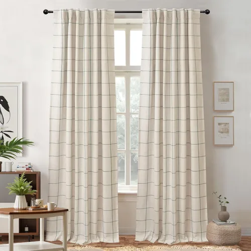 Vista 54 de DriftAway 2 paneles cortinas de lino a cuadros 100% opacas de doble capa cortinas para dormitorio de 96 pulgadas de largo estilo granja con Gris