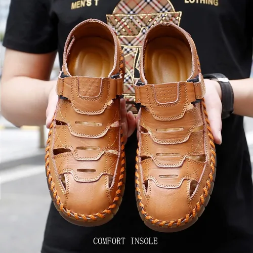 Vista 5 de MAIZUN Sandalias de cuero para hombre con puntera cerrada, zapatos de pescador de playa, sandalias deportivas de verano al aire libre