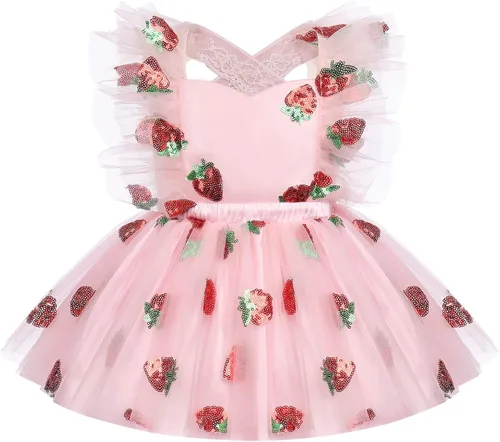 Vista 2 de Vestido para sesión de fotos de fiesta de cumpleaños con espalda descubierta para bebé, niña, mariposa, fresa, volantes, princesa, pastel, fiesta
