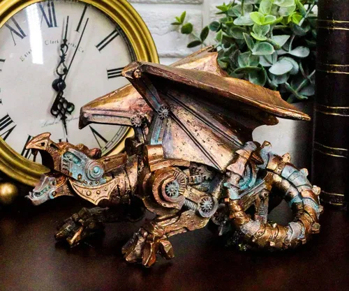 Vista 2 de Ebros Roaring Steampunk - Figura de dragón alado robótico de cobre pintada de resina para amantes de la ciencia ficción industrial, escultura