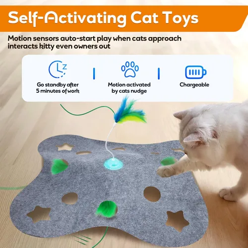 Vista 2 de Giociv Juguetes interactivos para gatos de interior, juguetes de ejercicio giratorio con base de plumas, modo de activación táctil, cubierta