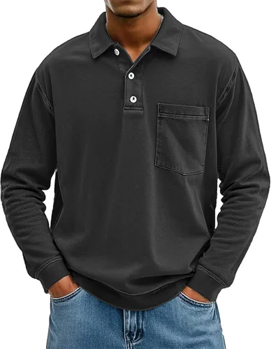 Vista 8 de Polo de manga larga para hombre, con solapa, casual, a la moda, vintage, ligero, para exteriores, negocios, golf, gimnasio, camisetas