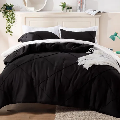 Vista 2 de BYSURE Juego de 2 piezas de edredón individual (negro), juego de ropa de cama ligero con 2 fundas para almohadas, juego de edredón de plumón