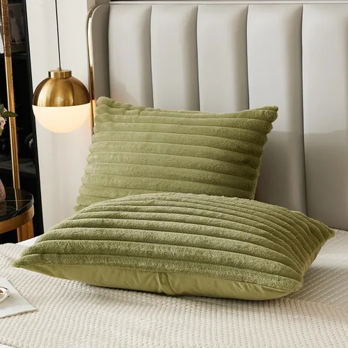 Vista 11 de Juego de 2 fundas de almohada para cama tamaño king, fundas de cojín rectangulares lumbares con diseño de rayas, forro de piel de conejo sintética