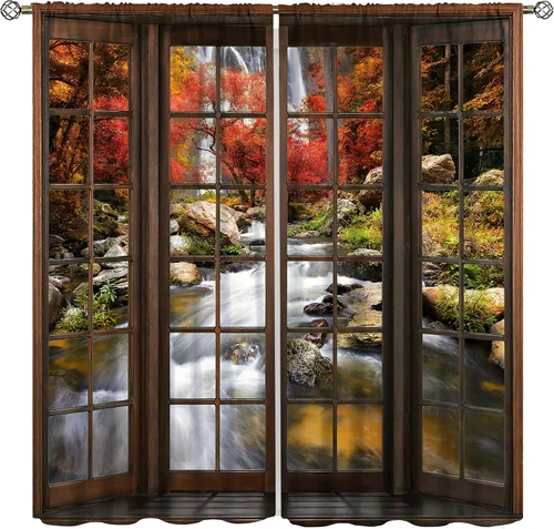 Vista 14 de Cortinas con Vista Natural, Estampado de Patrón de Río y Bosque Hermoso para Ventana, Cortinas Oscuras Aisladas para Dormitorio o Sala de 2 Paneles