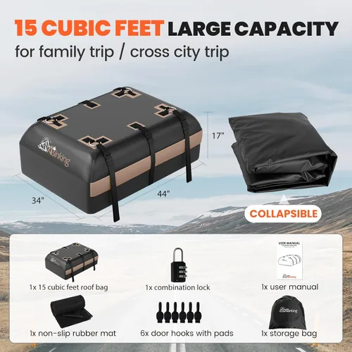 Vista 5 de Bolsa de carga para techo de automóvil, bolsa de carga impermeable de 15 pies cúbicos para sedán, SUV, minivan, apto para vehículos con/sin
