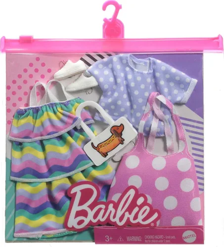 Vista 3 de Barbie Fashions - Juego de ropa de 2 unidades, 2 muñecas que incluyen jersey de lunares rosa, parte superior de lunares morados, vestido a rayas y 2