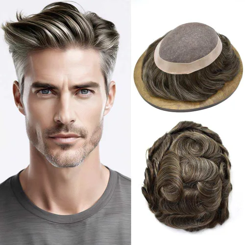 Vista 138 de Fine Mono Men Hair System Mens Toupee Real Human Hair Pieces For Men's Toupee Hair System For Men Hair Piece Natural Hairline 6X8 densidad de luz