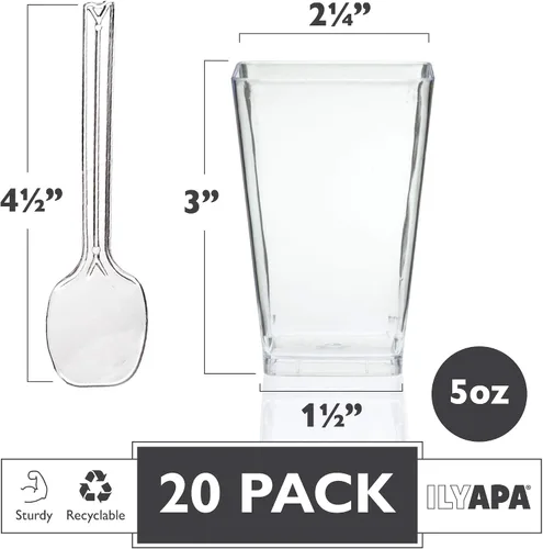 Vista 2 de Ilyapa Vasos de postre de plástico de 5 onzas, paquete de 20 mini tazas de postre con cucharas, taza pequeña transparente reutilizable