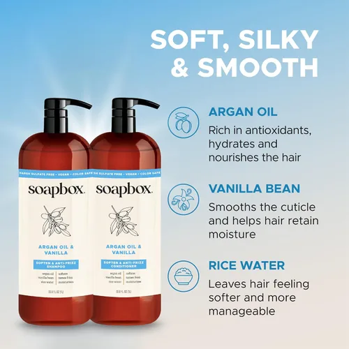 Vista 3 de Juego de Champú y Acondicionador de Argán Soapbox, Voluminizador, Vegano, Protege el Color, Libre de Sulfatos Agresivos y Siliconas, 1 Litro Cada
