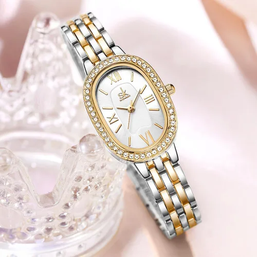 Vista 4 de SHENGKE SK - Reloj de pulsera de acero de aleación sólida con detalles de cristal ovalado para mujer