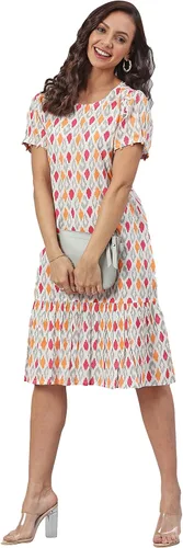 Vista 3 de Janasya Vestido de una línea estampado blanco roto para mujer india