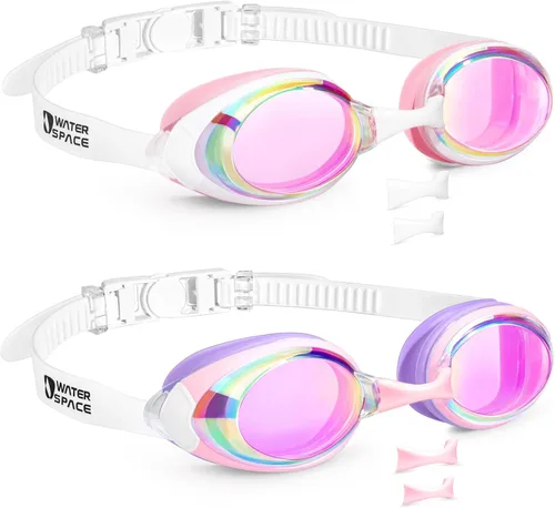 Vista 8 de Water Space Paquete de 2 gafas de natación con 3 piezas de nariz para niños jóvenes de 6 a 16 años, lentes espejadas, protección UV, antivaho y sin
