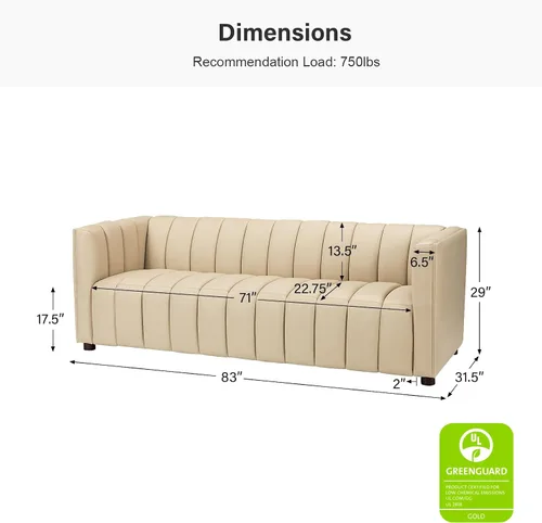 Vista 2 de HULALA HOME Sofá de cuero genuino de 83 pulgadas con diseño de capitoné acanalado, sofá de 3 plazas para sala de estar y dormitorio, sofá moderno