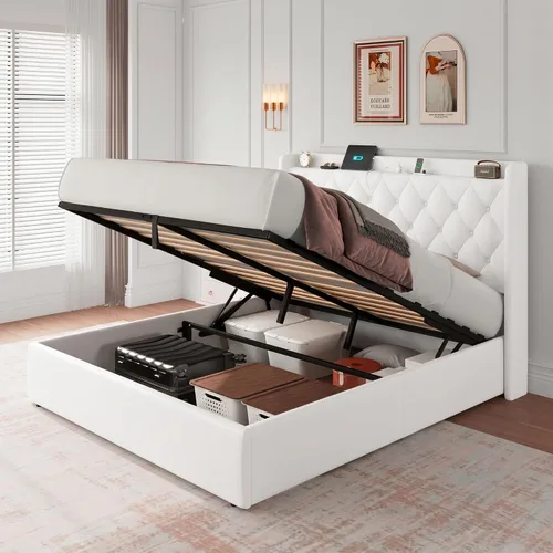 Vista 8 de iPormis Base de cama de almacenamiento elevable de tamaño completo con estación de carga, base de cama de plataforma tapizada con cabecera capitoné