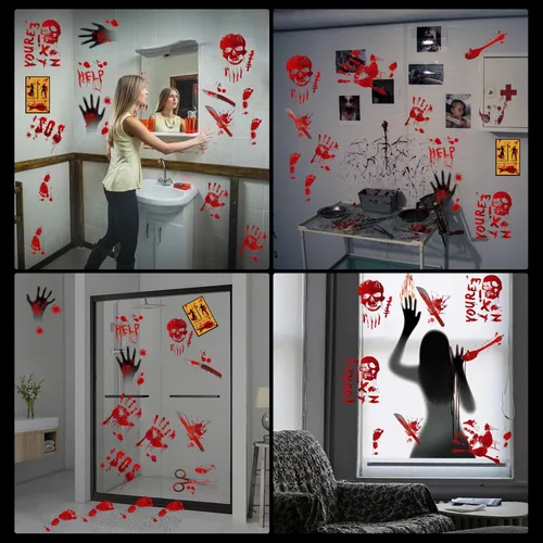 Vista 5 de Decoraciones de Halloween, 8 hojas de huellas de manos sangrientas, calcomanías espeluznantes para ventana, calcomanías de tatuaje, espejo de pared