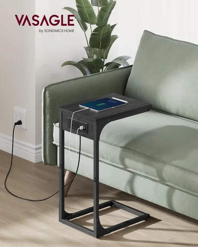 Vista 3 de VASAGLE Mesa auxiliar en forma de C, mesa auxiliar con estación de carga, mesa C para sofá, sillón, pies ajustables, para dormitorio, sala de estar