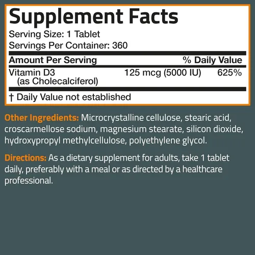Vista 8 de Bronson Vitamina D3 5000iu (125mcg) Suministro de 1 año para una función muscular saludable y apoyo inmunológico, sin OMG, 360 tabletas