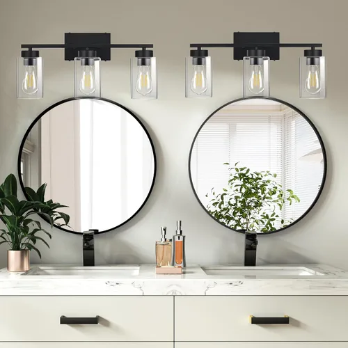 Vista 6 de Lámpara de tocador de baño de 3 luces, modernas luces de pared negras con pantallas de vidrio transparente, lámpara de pared de baño para espejo 3