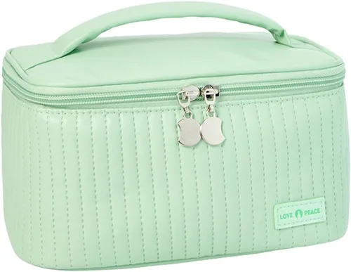 Vista 5 de Bolsa de maquillaje de viaje, estuche de cosméticos con soporte para brochas de maquillaje, organizador portátil de piel sintética para mujer, Café
