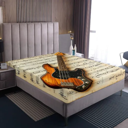 Vista 4 de Sábana bajera ajustable con estampado de guitarra, tamaño individual, protector de colchón con 1 funda de almohada, diseño de notas de partitura