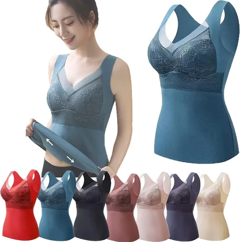 Vista 14 de Ropa interior térmica 2 en 1 con brasier incorporado, alta elasticidad, camiseta sin mangas integrada para mujer Negro