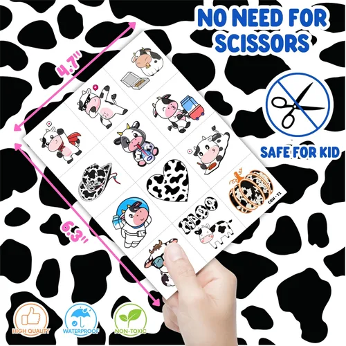 Vista 5 de 96 tatuajes temporales precortados de vaca para niños, suministros para fiestas de cumpleaños de animales de granja, decoraciones y recuerdos
