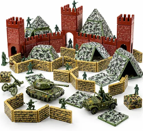 Vista 4 de Bloques de Construcción de Azulejos Magnéticos con Base de Campo de Batalla Militar - Juego con Temática de Guerra del Ejército para Construcción