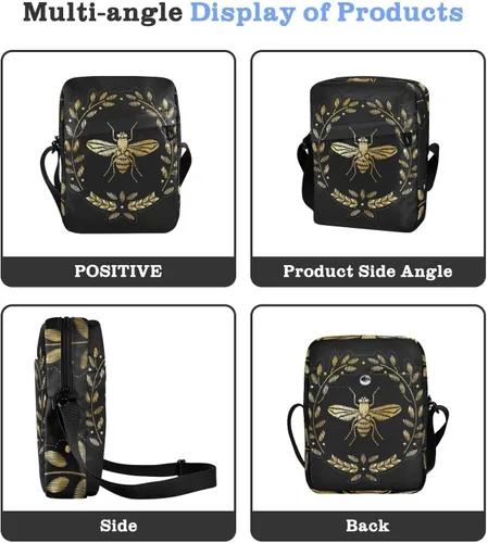 Vista 4 de Bolsa de mensajero bordada de abeja para mujeres y hombres, bolsa cruzada para el hombro, bolso cruzado con correa ajustable para viajes al aire
