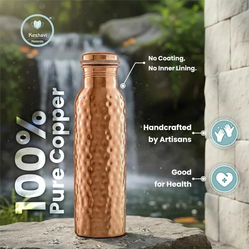 Vista 2 de 100% Real Copper Water Bottle Set of 2 (34 oz / 1 Liter Each), Hammered & Plain Finish Pure Copper Drinking Bottles with Leak Proof Lids, Durable