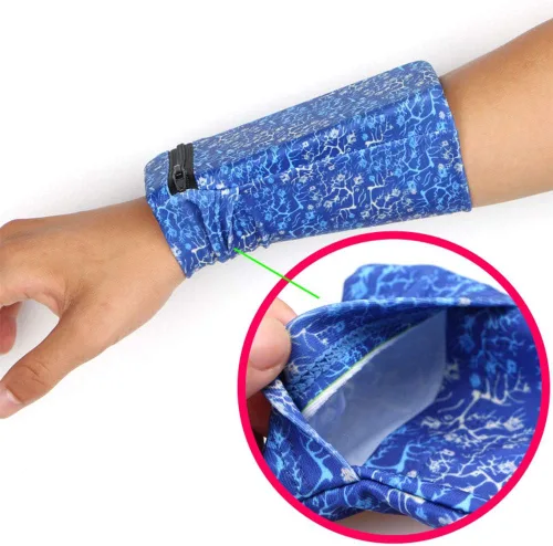 Vista 3 de Muñequera con 2 bolsillos, cartera, para teléfono celular, para tobillo, banda de sudor, para brazo, bolsa oculta, para viajar, correr, Azul