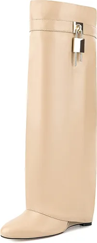 Vista 4 de Botas plegables puntiagudas con tacón de cuña para mujer, botas hasta la rodilla con diseño de candado y cremallera lateral Beige