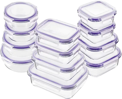 Vista 7 de Bayco Contenedores de vidrio para almacenamiento de alimentos con tapas, 24 piezas, preparación de comidas, cajas Bento herméticas, a prueba de Azul