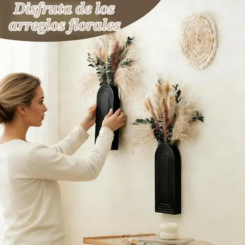 Vista 5 de Juego de 2 jarrones de pared de madera con eucalipto de hierba de pampas, decoración de pared moderna de estilo bohemio para sala de estar, entrada