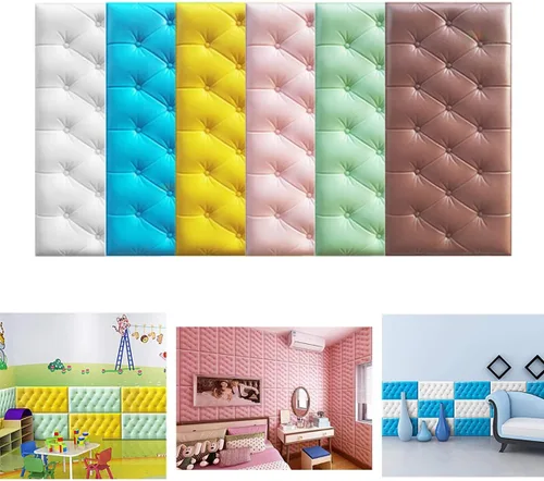Vista 6 de Paneles de pared de espuma autoadhesivos 3D, 23.6 x 11.8 pulgadas, decoración de revestimiento de cuero, anti-colisión, cojín suave para cubrir Azul