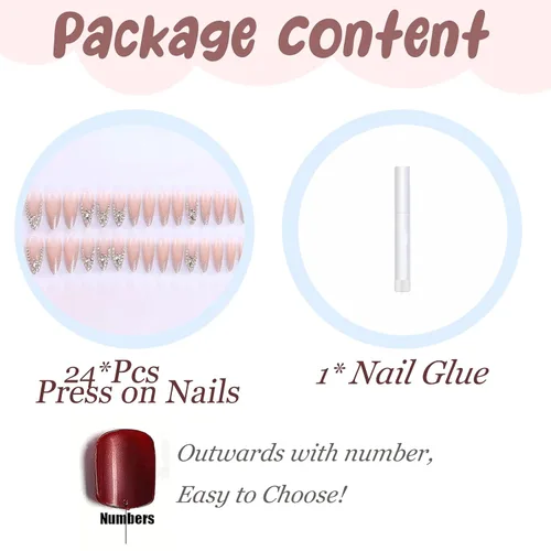 Vista 4 de BABALAL Uñas postizas largas a presión de estilo stiletto, uñas postizas francesas de lujo, con pegamento, diseño de diamantes de imitación