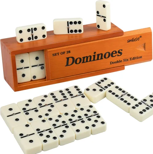 Vista 9 de Smilejoy Juego de dominó para adultos, juego de dominó para juegos de mesa clásicos, juego de dominó doble 6 con 28 piezas y estuche de madera