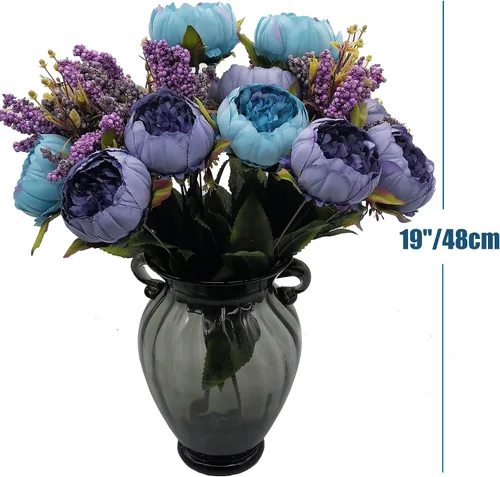 Vista 2 de 1 ramo de peonía artificial, racimo de peonía de seda de 19 pulgadas con 7 flores sintéticas, flores artificiales de estilo clásico con hojas y Azul