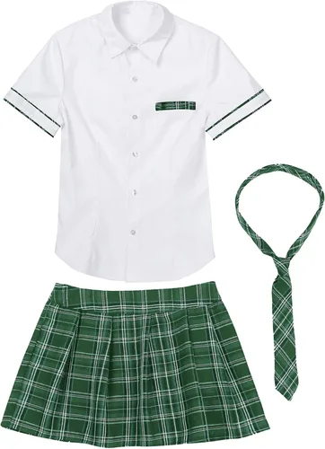 Vista 4 de Moily Women's Cosplay Uniforms Short Sleeve Lapel Collar Shirts Blouses with Pleated Skirt and Tie Verde